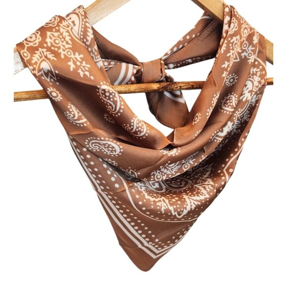 Tan Paisley Square Scarf Wild Rag Bandana Print Satin Neck Head Wrap 27 in - Picture 6 of 6